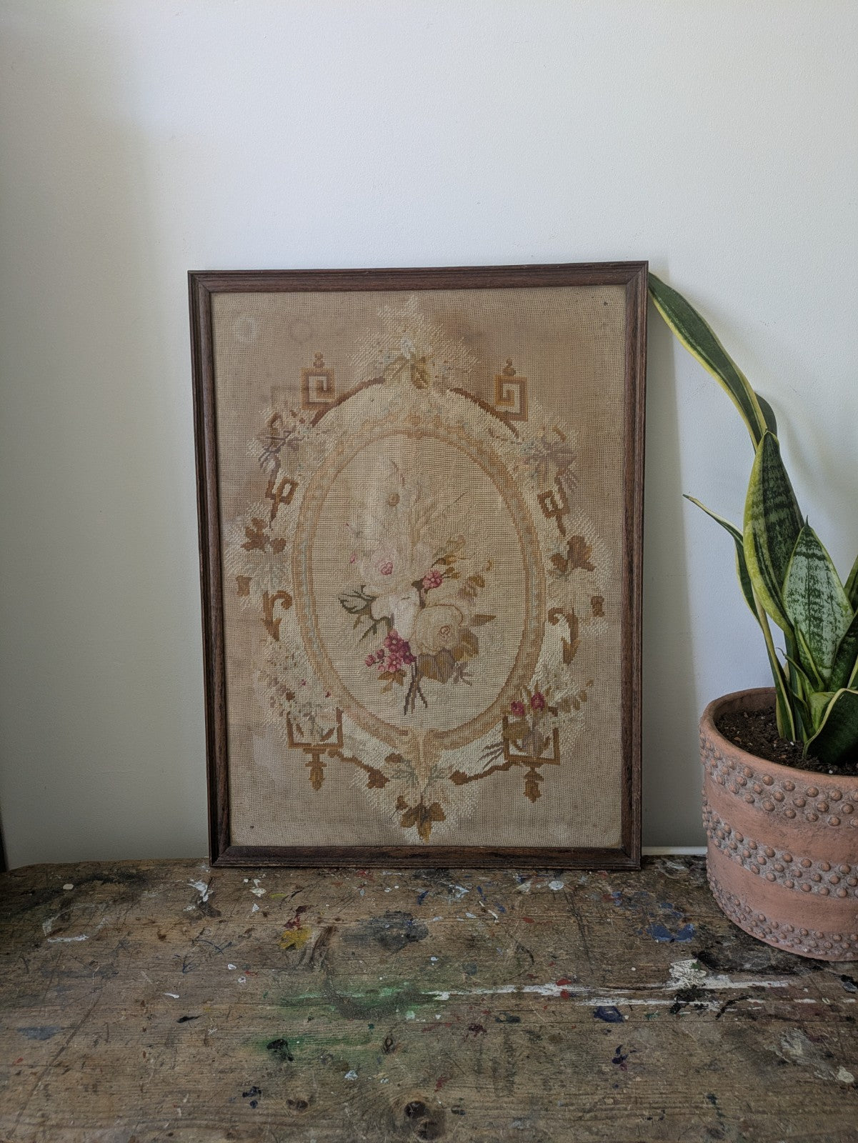 Antique French Needle Point Aubusson Floral Rose Rare Tapestry Framed Original 