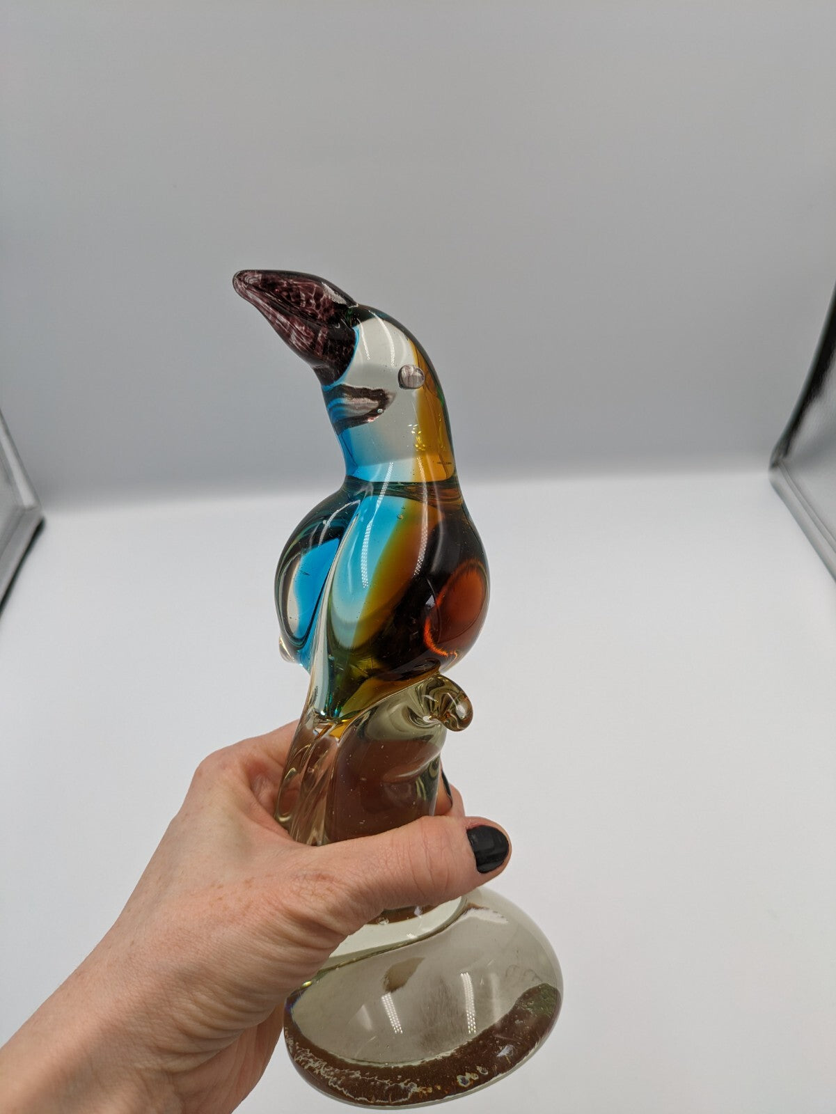 Large Murano Style Heavy Art Glass Brown Blue Bird Vtg Parrot Figurine 21.3cmH 