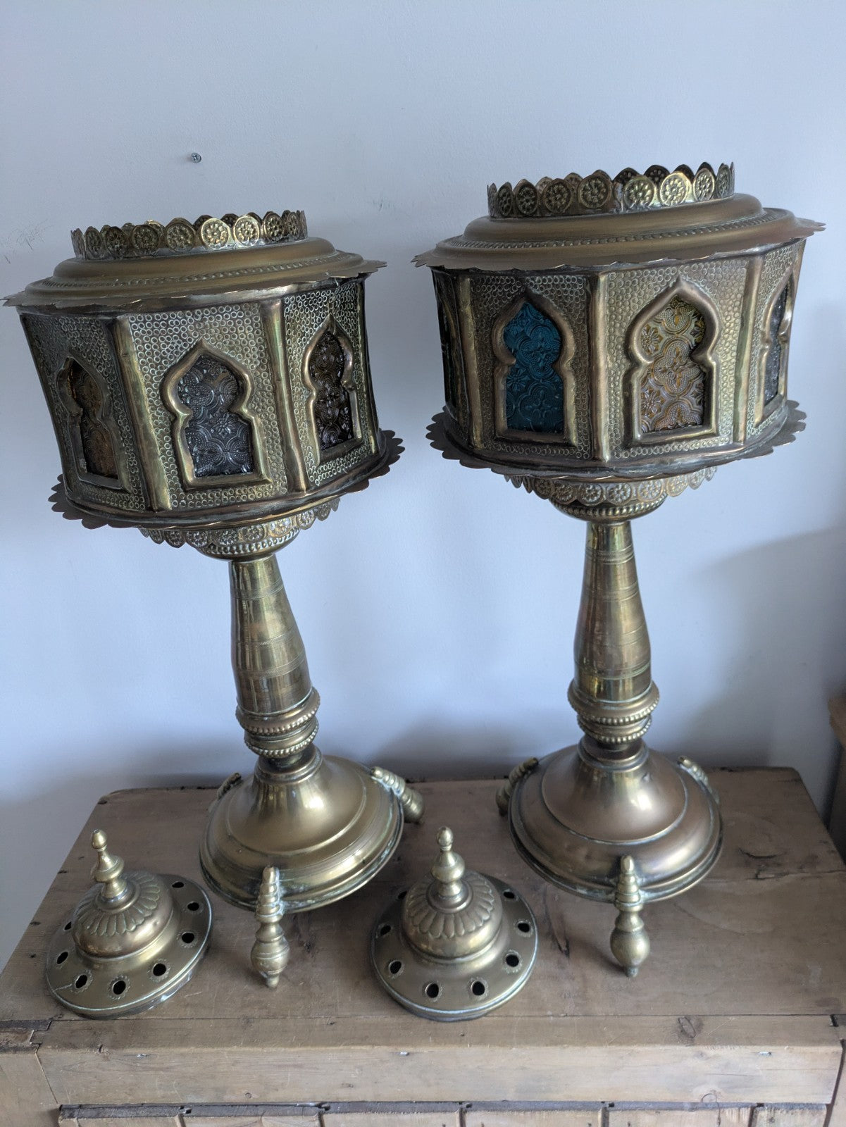 VTG Moroccan Brass Floor Lamps Stained Glass Gothic Original Pair Lights Props 