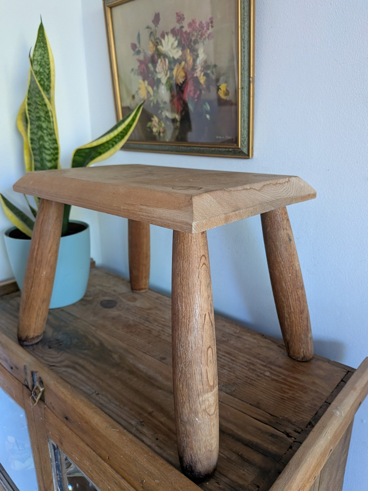Vintage Step Stool Milk Wooden Seat Utilitarian Old Solid Chunky Leg Wood Prop 