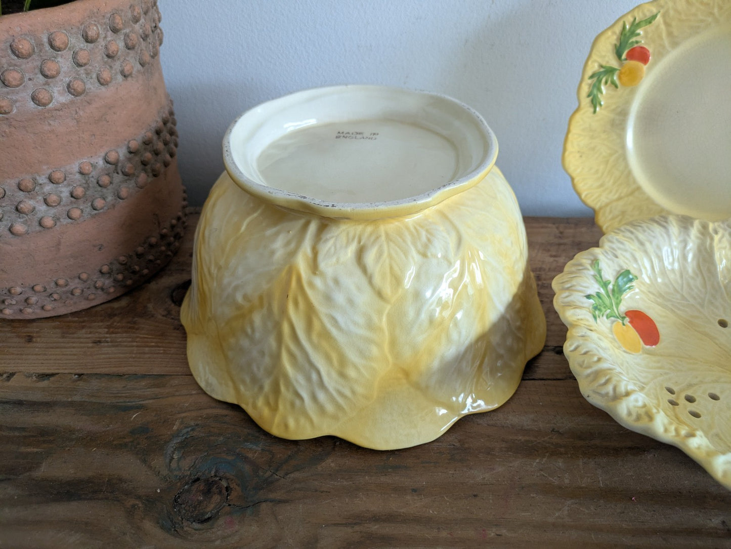 Falcon Ware Yellow Fruit Bowl Leaf Plate Painted Fruits Spring Art Deco Sieve