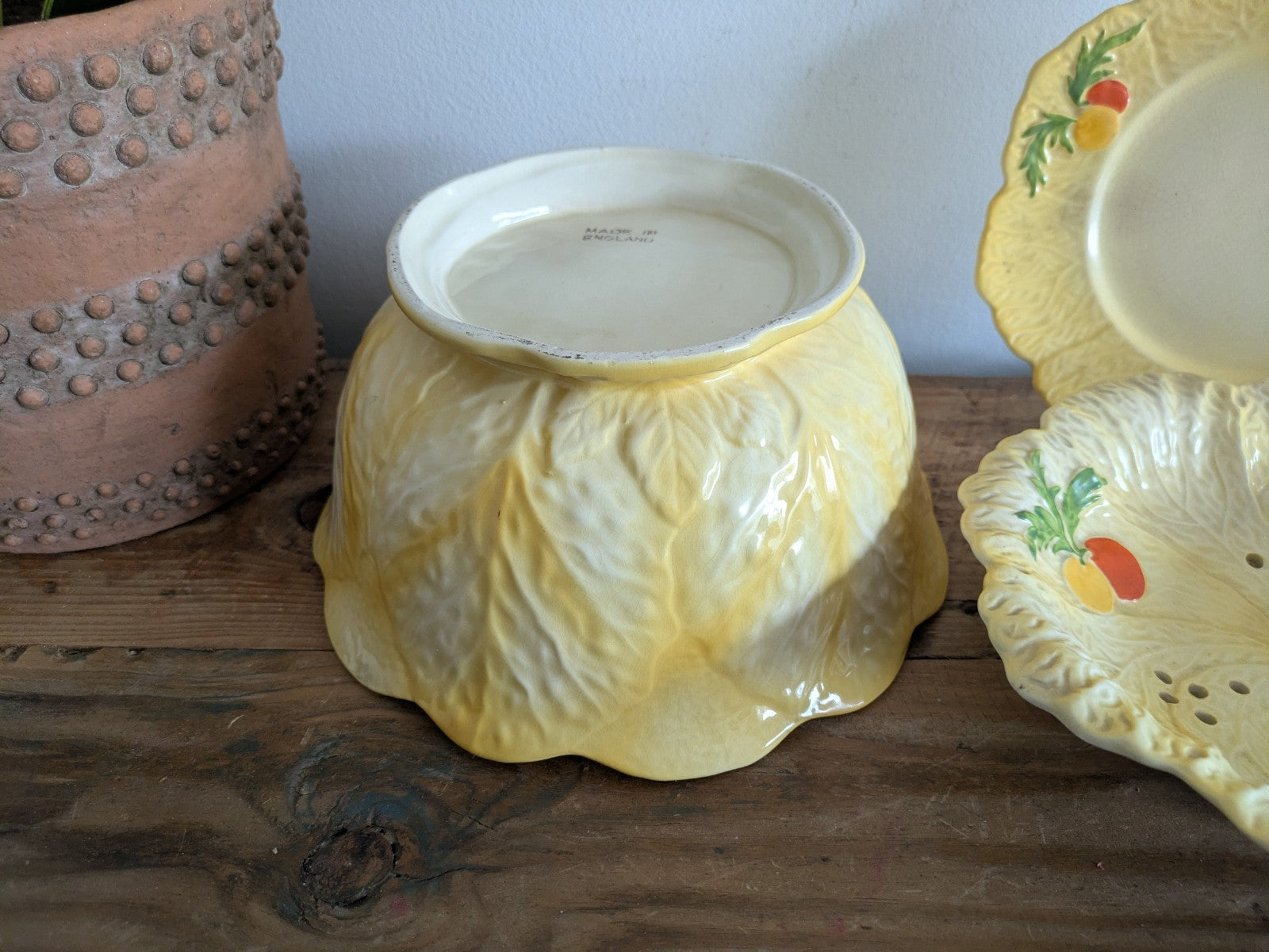 Falcon Ware Yellow Fruit Bowl Leaf Plate Painted Fruits Spring Art Deco Sieve