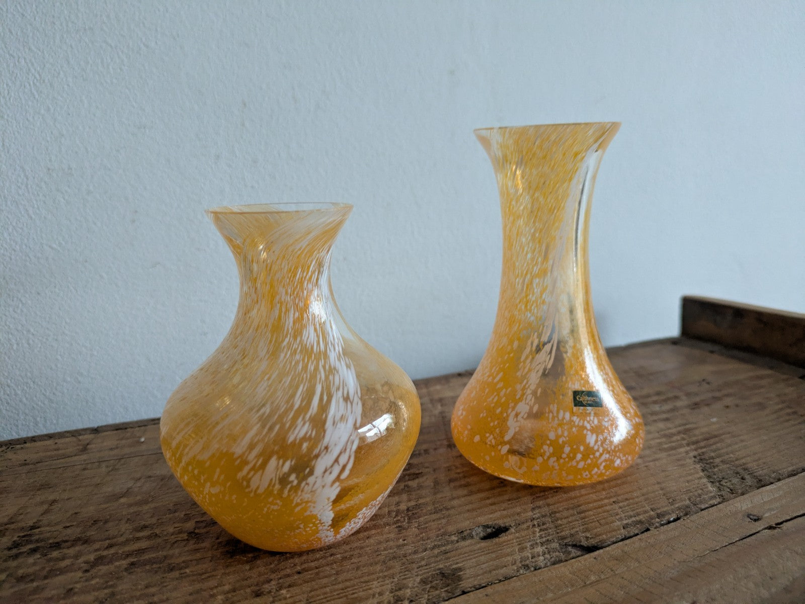 2x Handcrafted Yellow Orange Swirl Glass Vase Caithness Scotland Confetti Swirl