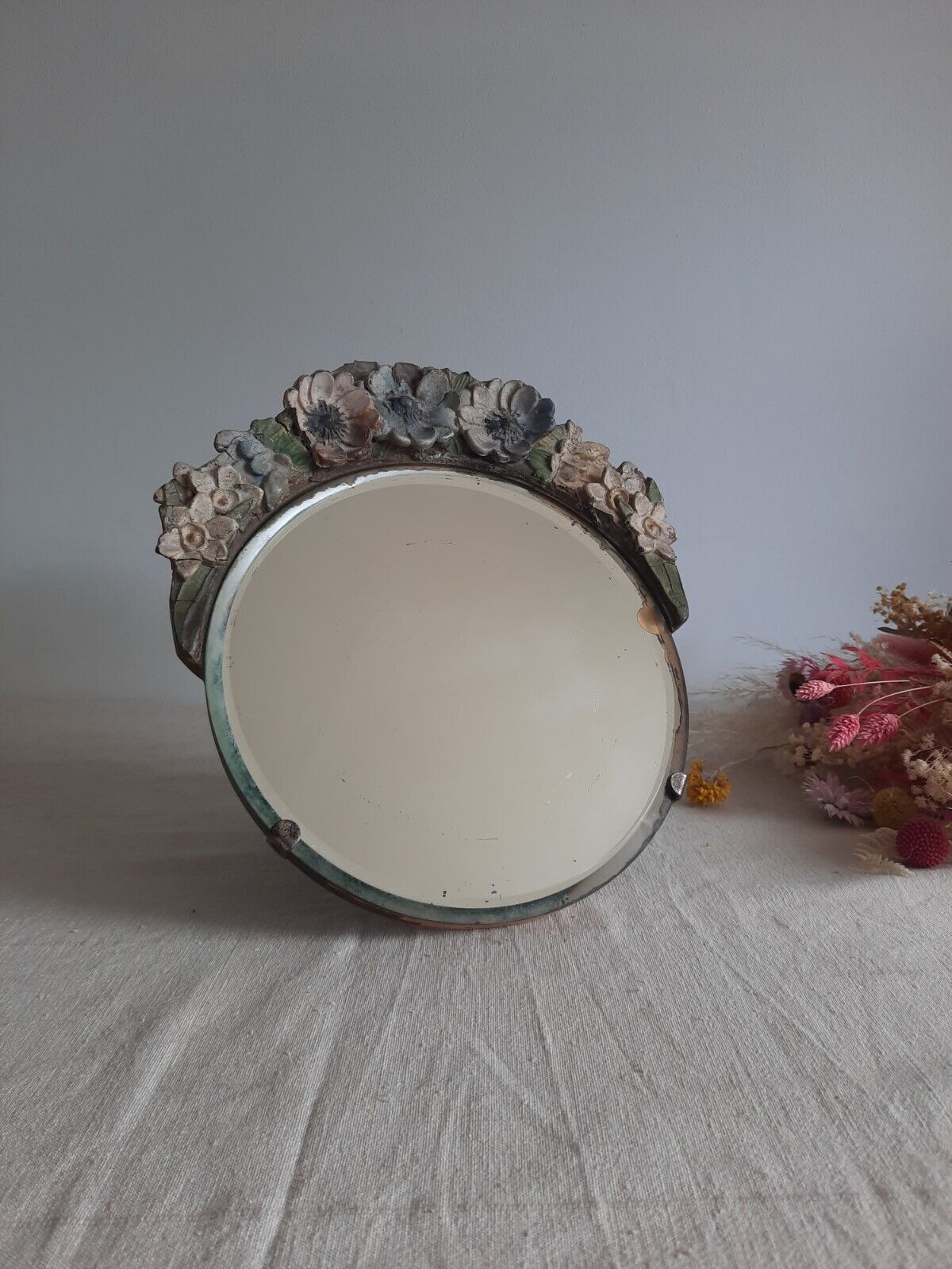 Vintage Barbola Mirror Circa 20s 1930s art deco floral antique Round bevel edge