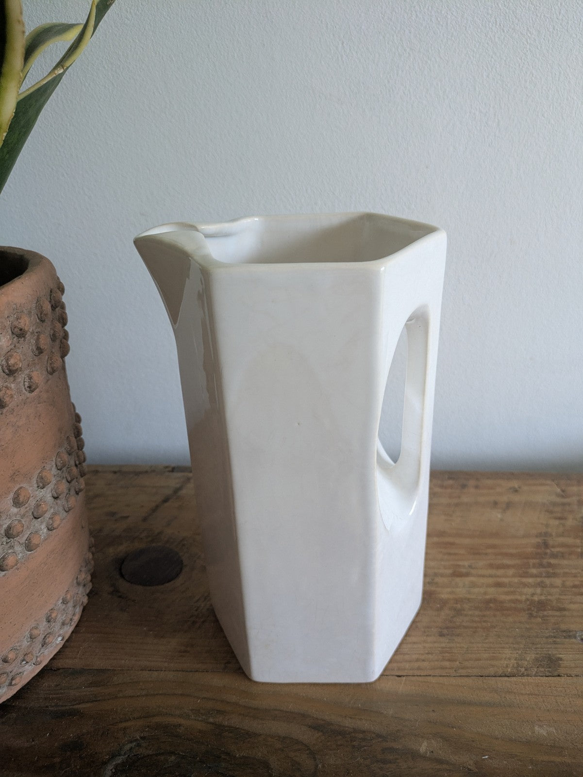 Vintage Deco White Ceramic Pitcher Jug Inset Handle Hexagonal Pitcher Crazed Vgc