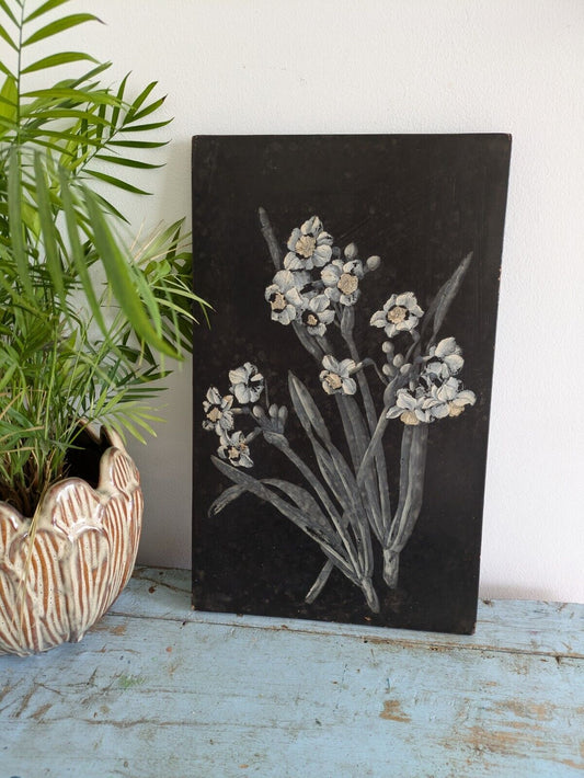 Original Painting Daffodils Floral Bouquet Picture VTG Black Wood Still Life