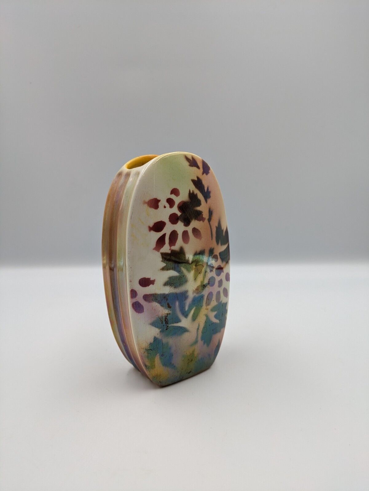 Rare Sylvac 1930s Irredescent Opelle Lustre Copper Leaf Mantle Vase flower Vtg
