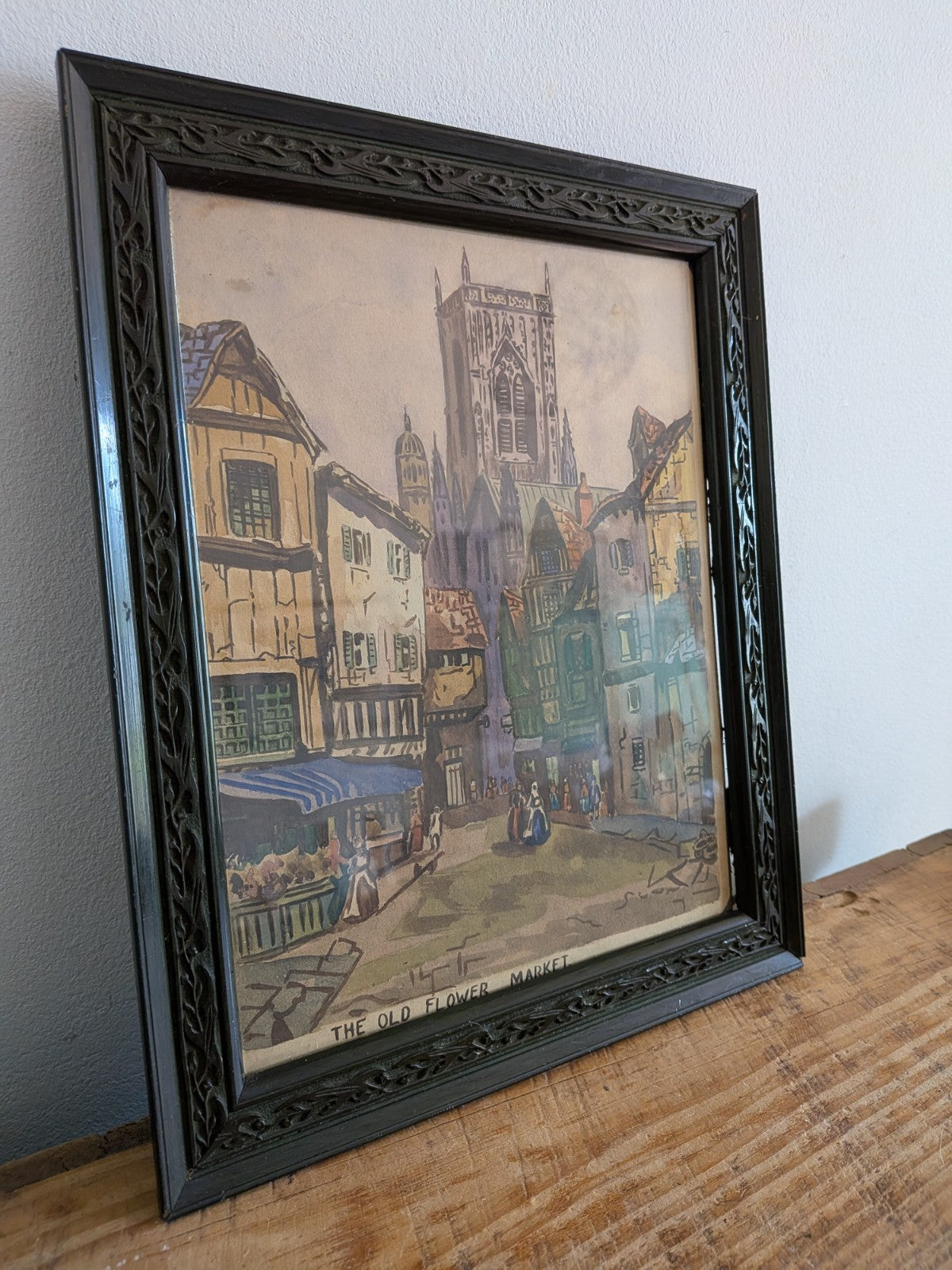 Antique Artist Signed Watercolour Old Flower Market Ornate Frame Green Original 