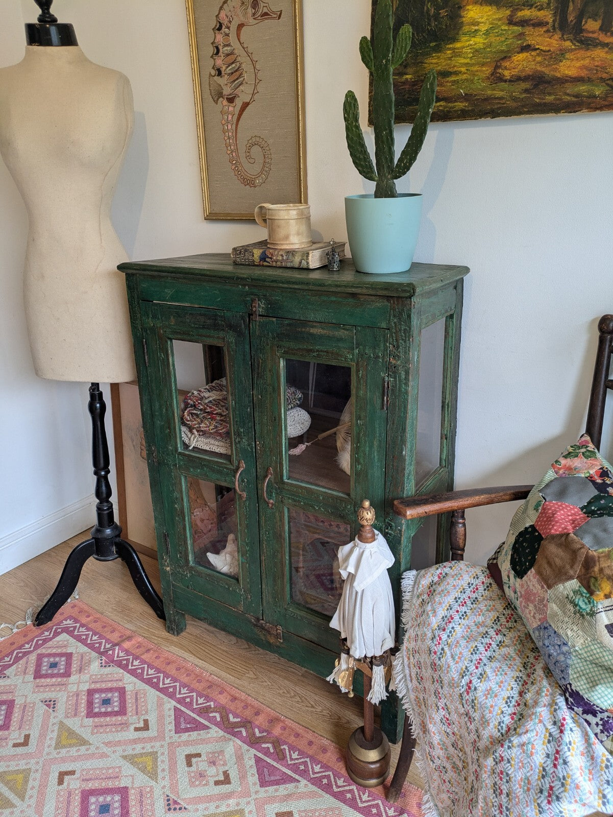 Restored Antique Vintage Indian Cabinet Cupboard Painted Glazed Reclaimed Green