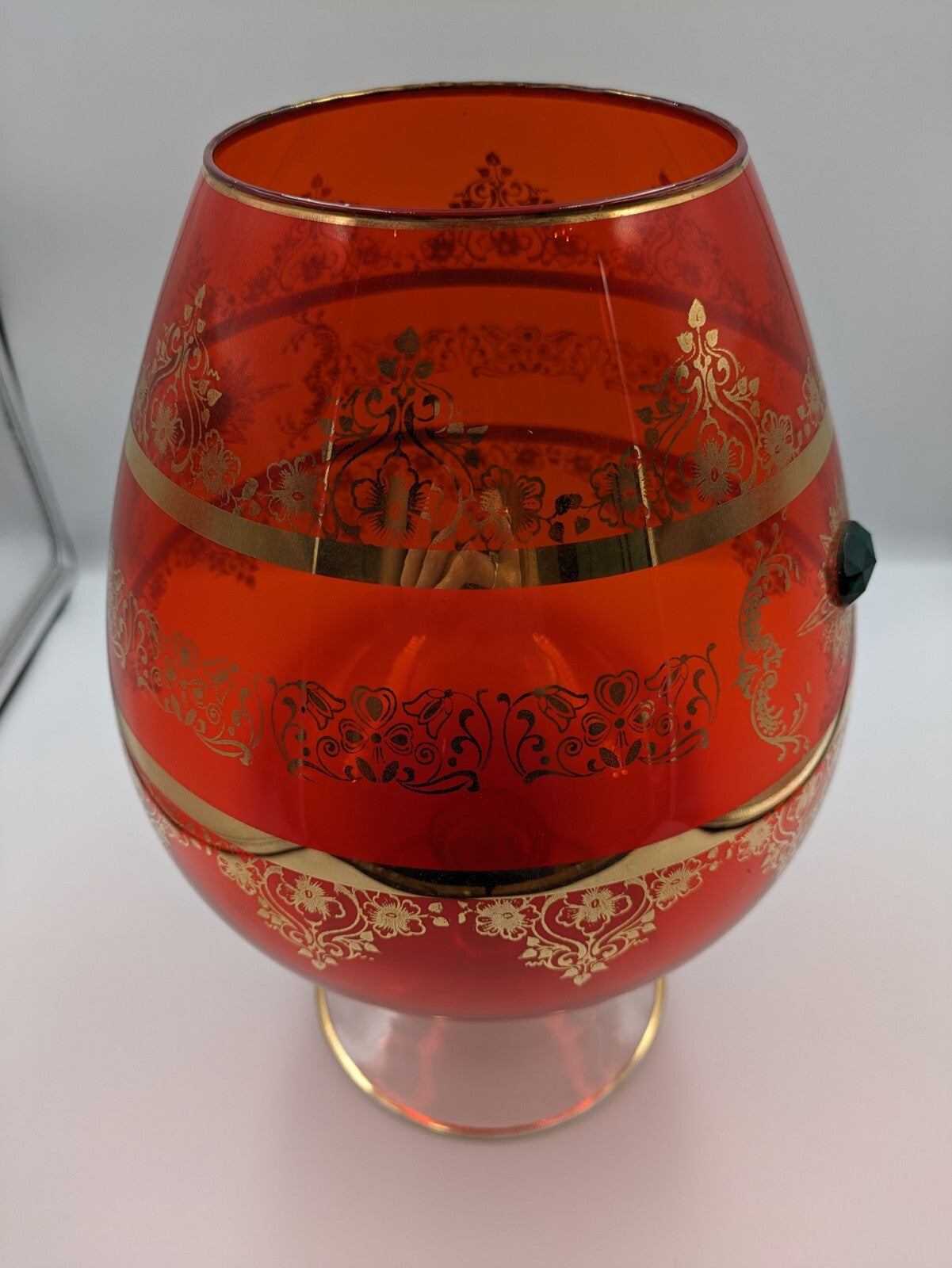 Vtg Cameo Venetian Ruby Gilt Gold Murano Glass Applied Gems Vase Snifter Brandy