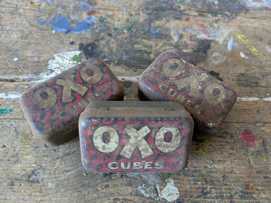 3x Vintage Miniature OXO Cubes Tins Small Rusty Kitchen Advertising Food Gravy 
