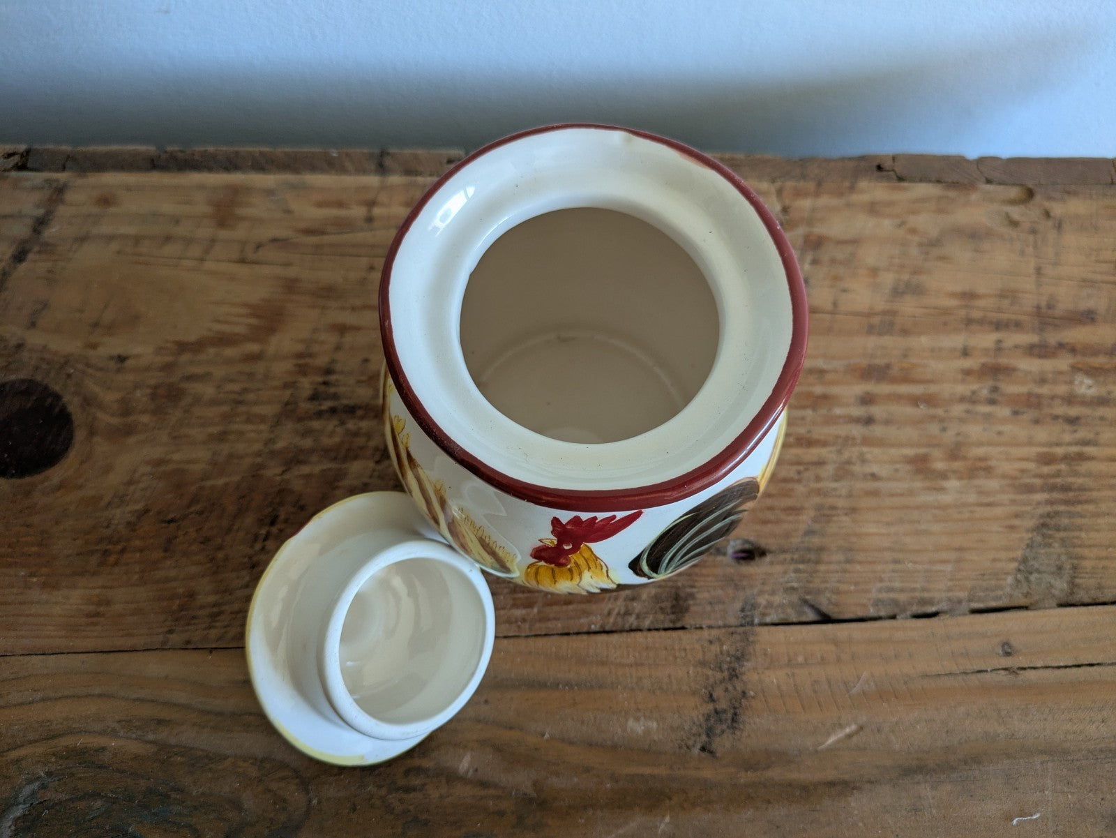 Provincial Rooster French Pottery Farmhouse Kitchen Canister Pot Lid Jar Painted