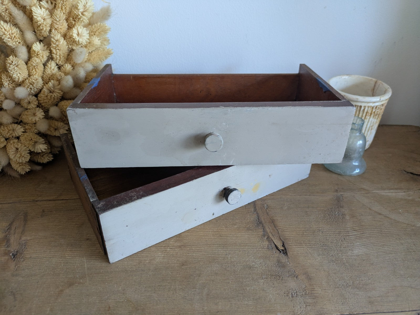 2x Vintage Wooden Engineering Boxes Drawers Apothecary Craft Display Tray Antiqu