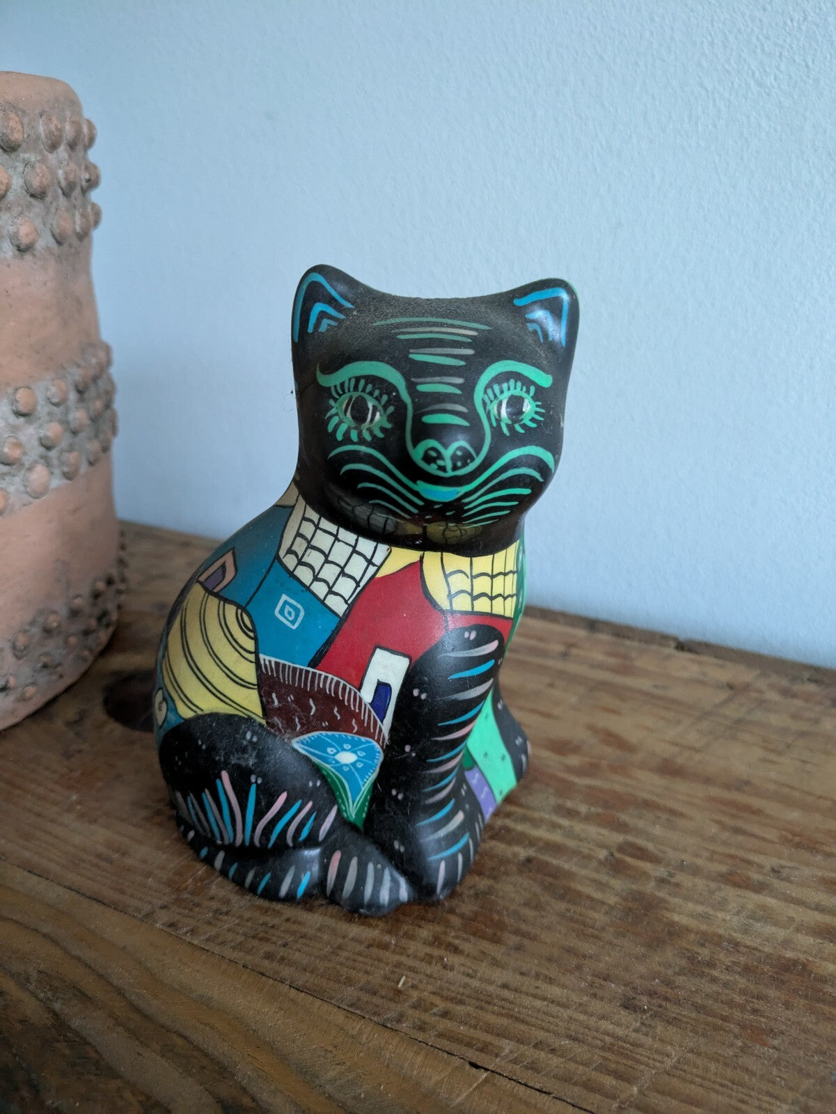 Vintage Mexican Pottery Talavera Bright Cat Figurine Folk Art Hand Painted Black