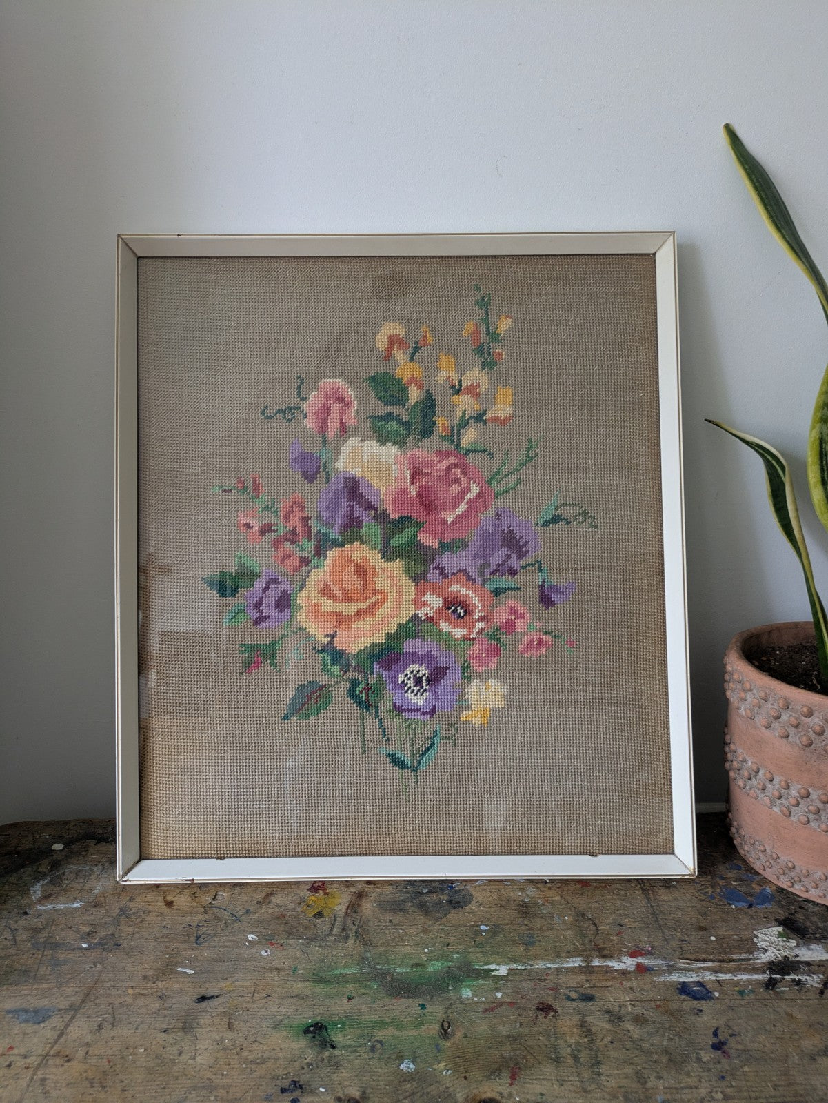 Vintage Handmade Completed Needle Point Tapestry Framed Floral Rose Bouquet Old