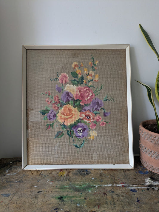 Vintage Handmade Completed Needle Point Tapestry Framed Floral Rose Bouquet Old