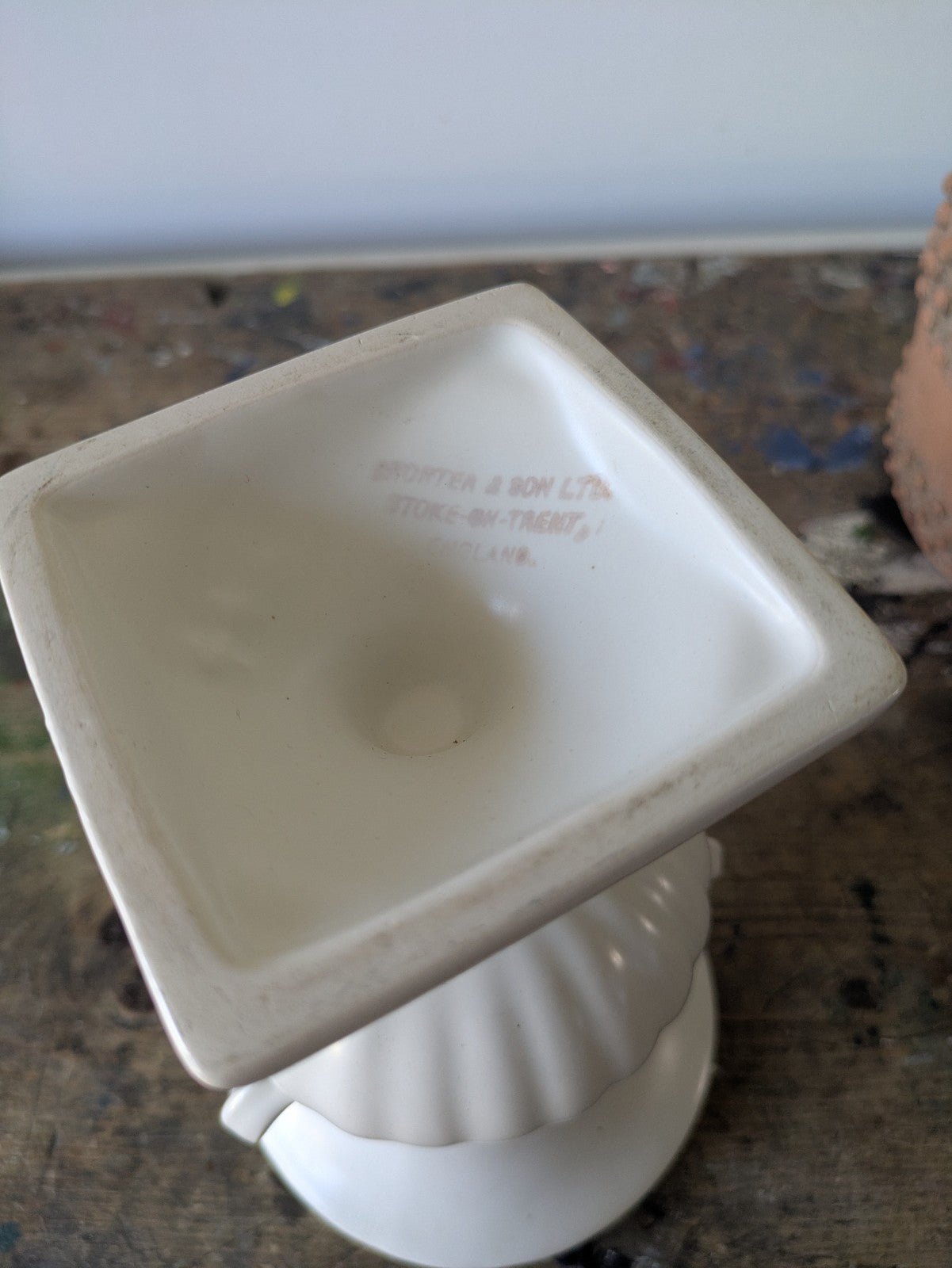 Vintage Shorter & Sons White Pottery Urn Vase 2 Handles Classic Pedestal Design