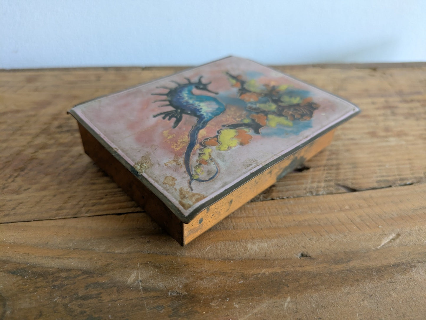 Vintage Seahorse Enamelled Mid-Century Copper Trinket Box Pink Signed Retro Vgc