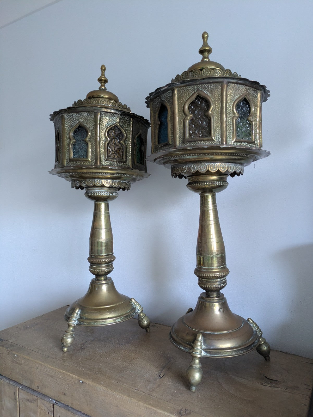 VTG Moroccan Brass Floor Lamps Stained Glass Gothic Original Pair Lights Props 