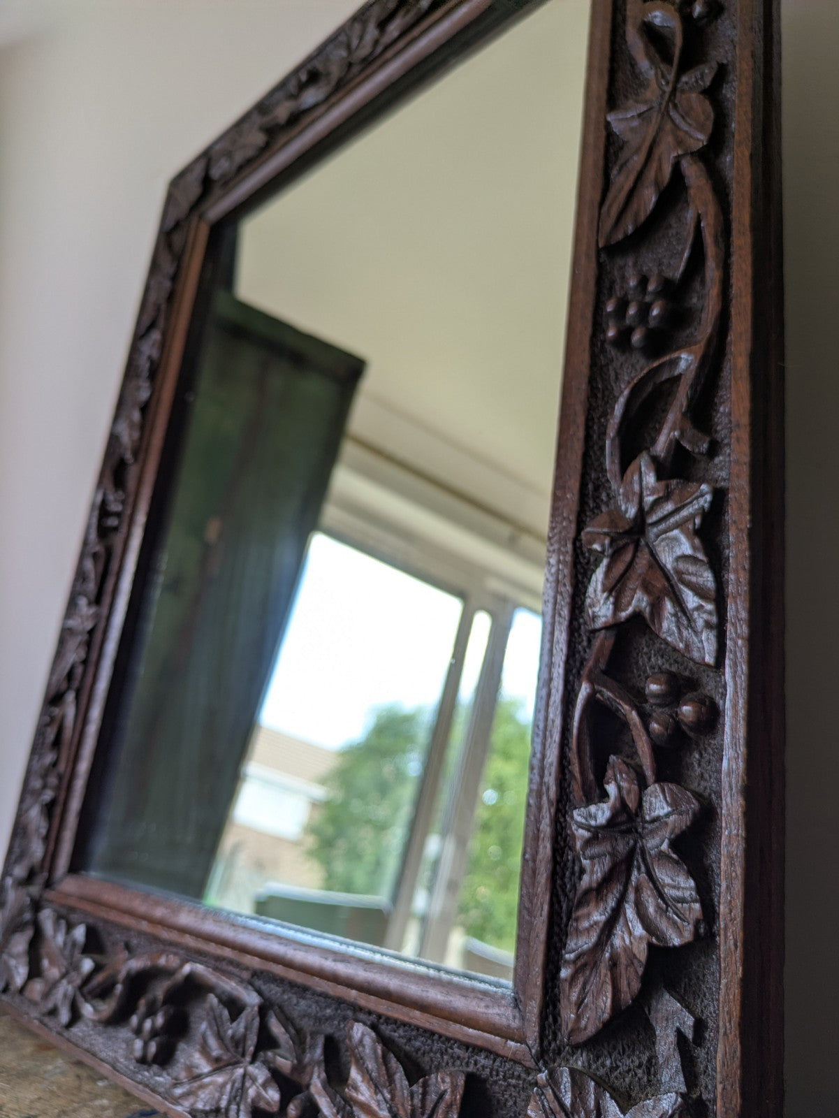 C1890 Victorian Rectangular Mirror Antique Oak Hand Carved Frame Berries Leaves