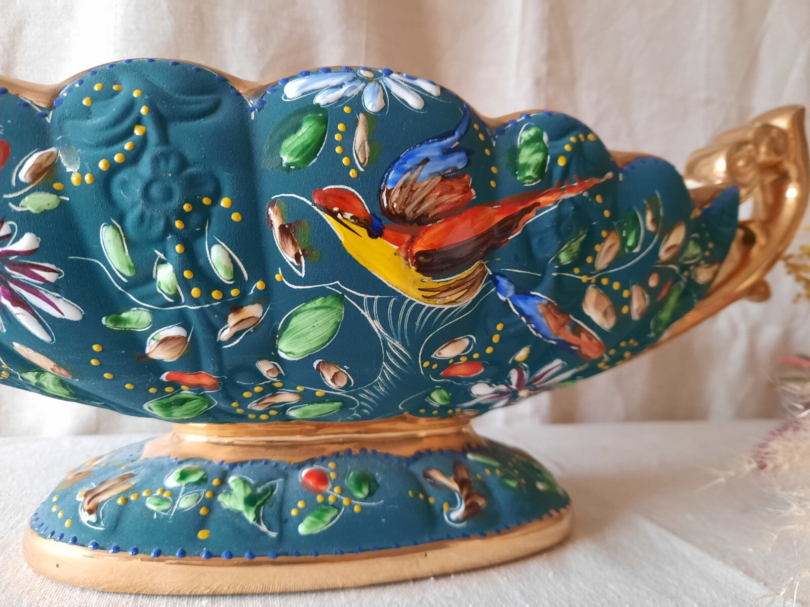 XL Henri Bequet Quaregnon Belgium Bird Of Paradise Large Vase 925 vintage Rare 