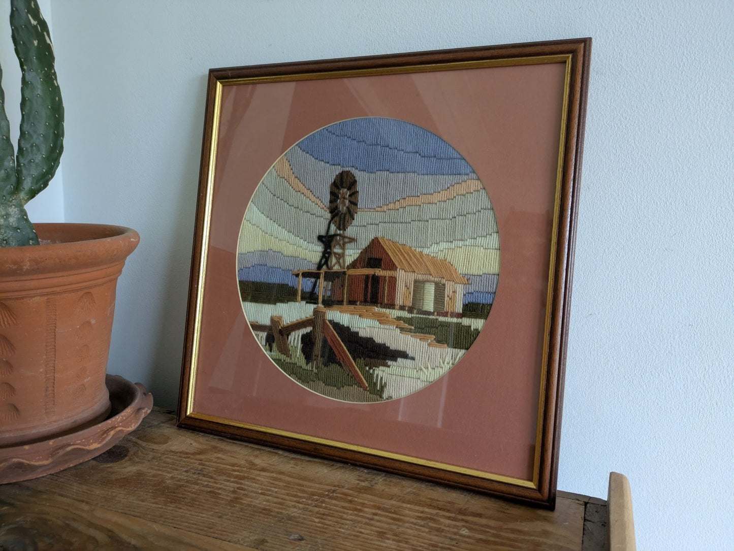 Vintage 1980s Embroidery Long Stitch Tapestry Picture Boho Wind Turbine Farm 
