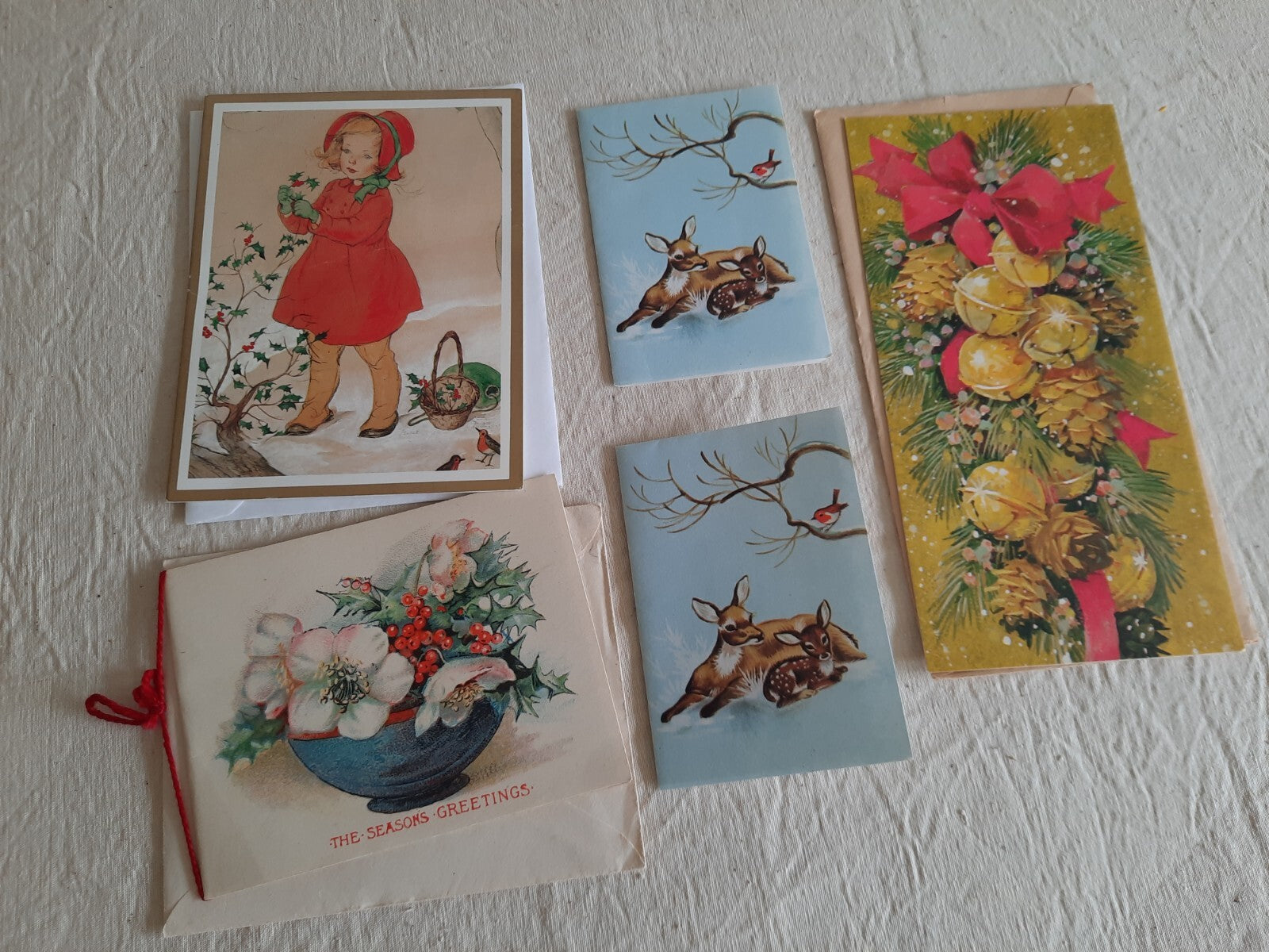 5 original vintage unused Christmas cards 1930s deco bell floral Snow Deer Baird