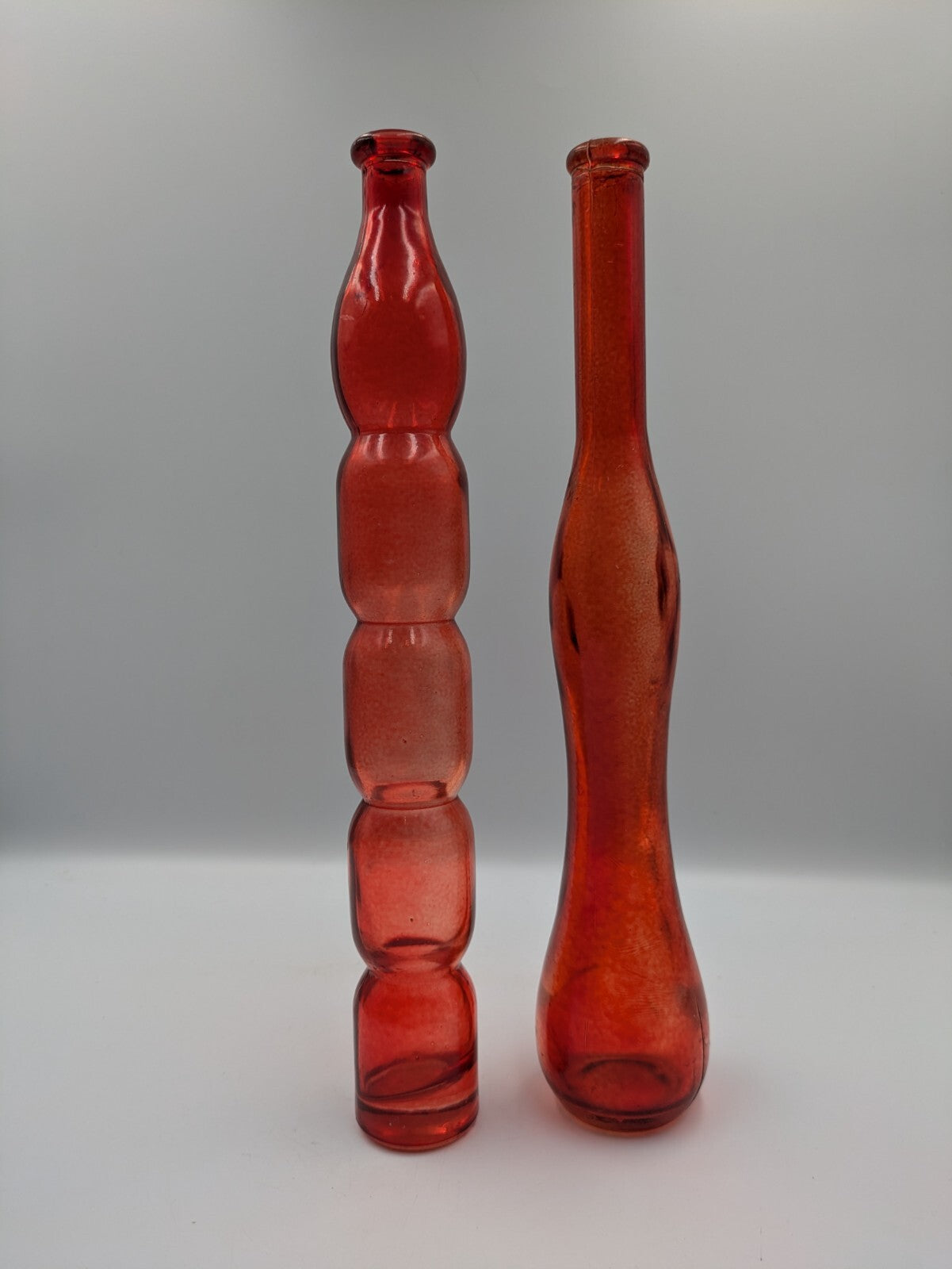 Vintage Retro Red Glass Tall Skinny Wavy Wine Bottle Bohemia Czech Ribbed Vase 