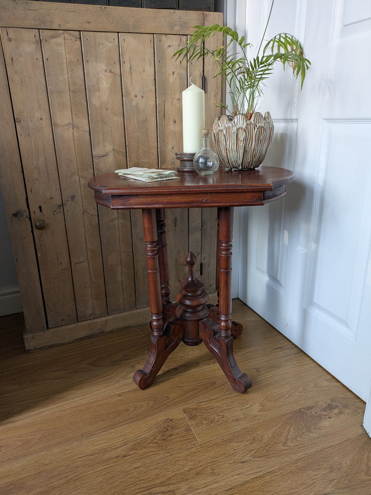 Antique Mahogany Side Table Hall Lamp Turned Legs & Finial Base Victorian C1890