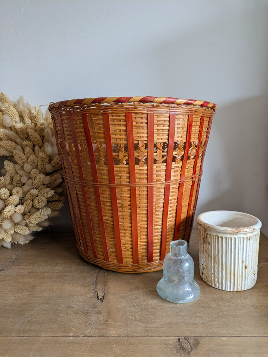 Vintage Mid Century 60 70s Woven Cane Bamboo Bin Planter Plant Pot Tikki Boho 