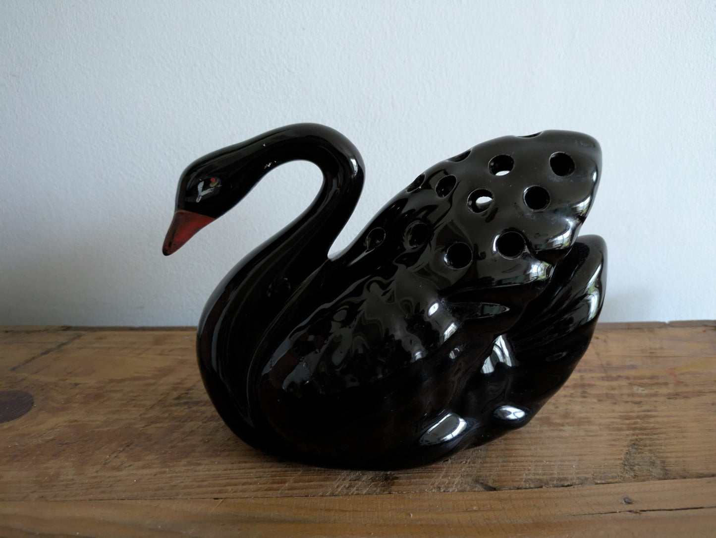Large Black Swan Flower Vase Mantle Ornament Vintage Ceramic Centrepiece