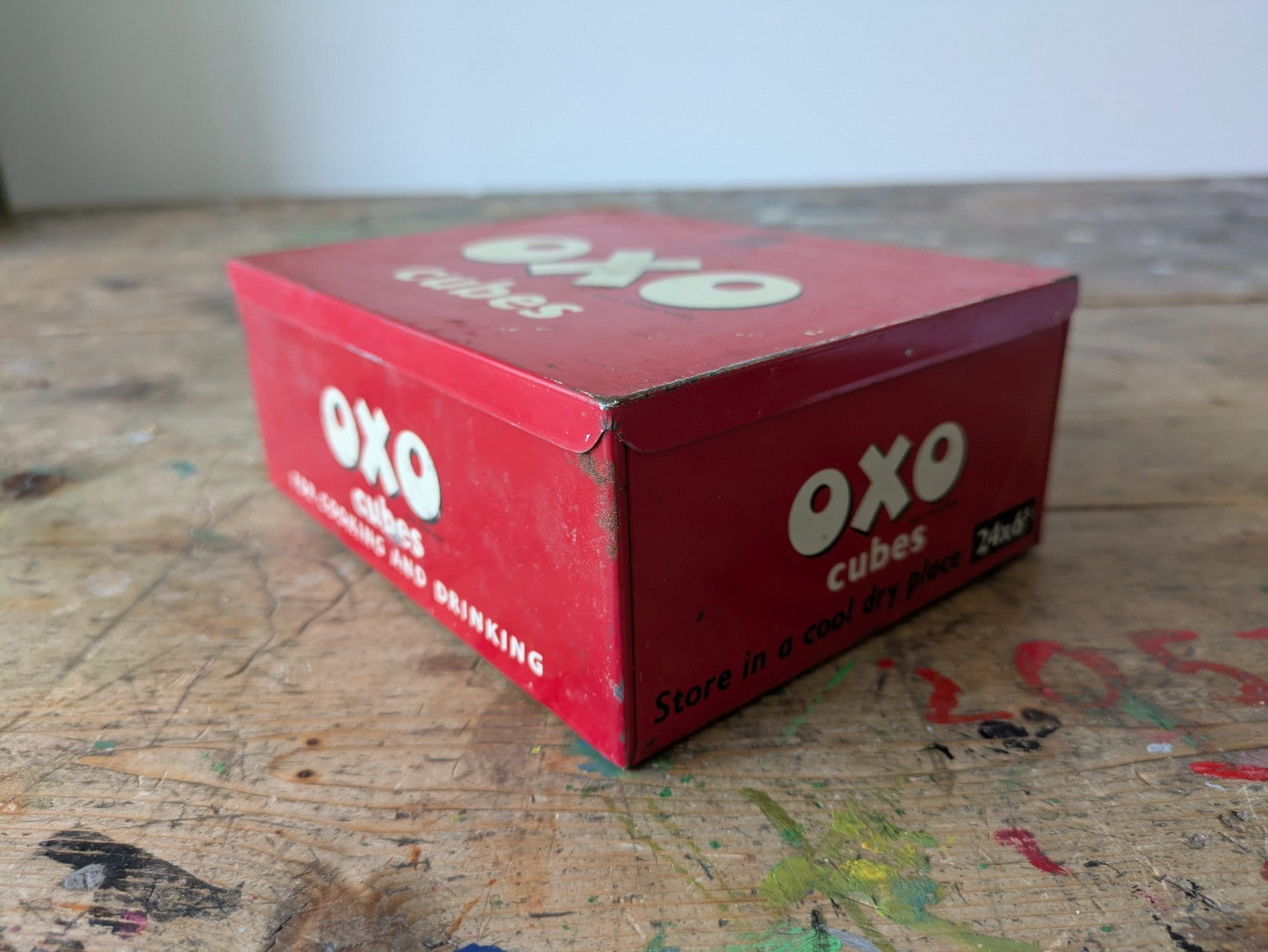 Vintage 1950s OXO Tin Box Metal Storage Advertising Red Kitchen Prop 24 Cube 