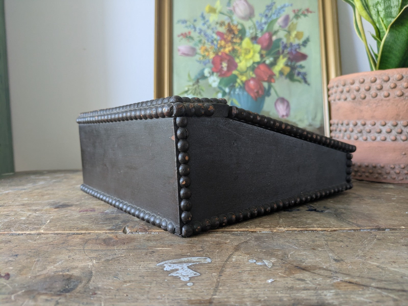 Antique Vintage Students Table Top Writing Slope Bobbin Small Box Stationary Old