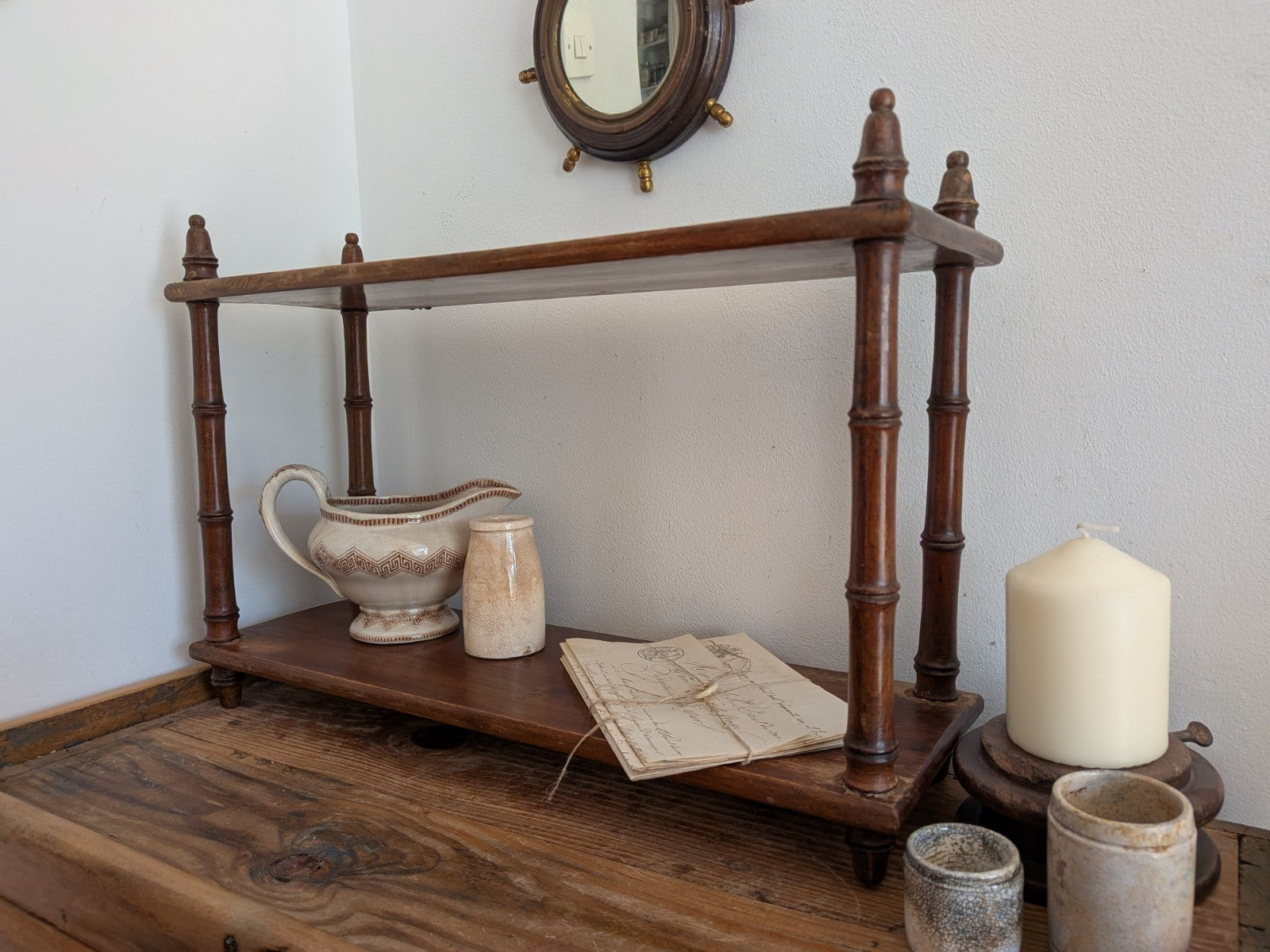 Antique Vintage French Faux Bamboo Wall Shelf Two Tier Wooden Finials Bookshelf 