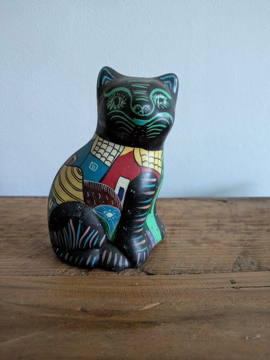 Vintage Mexican Pottery Talavera Bright Cat Figurine Folk Art Hand Painted Black