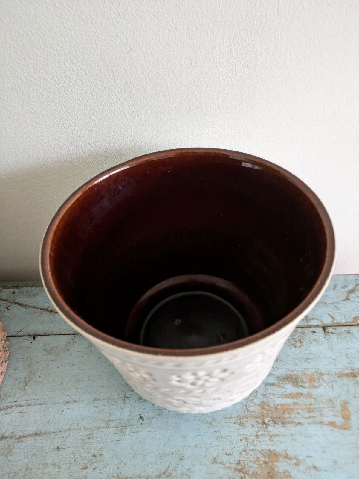 XL Mid Century West German Plant Pot Bay Keramik White Brown Floral Pattern Vtg