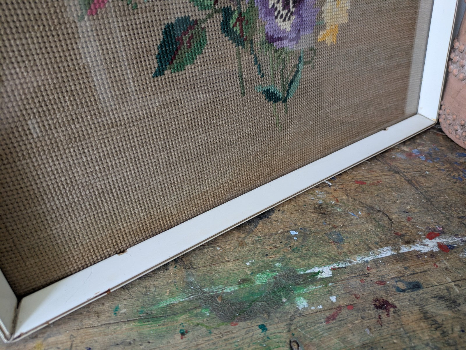 Vintage Handmade Completed Needle Point Tapestry Framed Floral Rose Bouquet Old