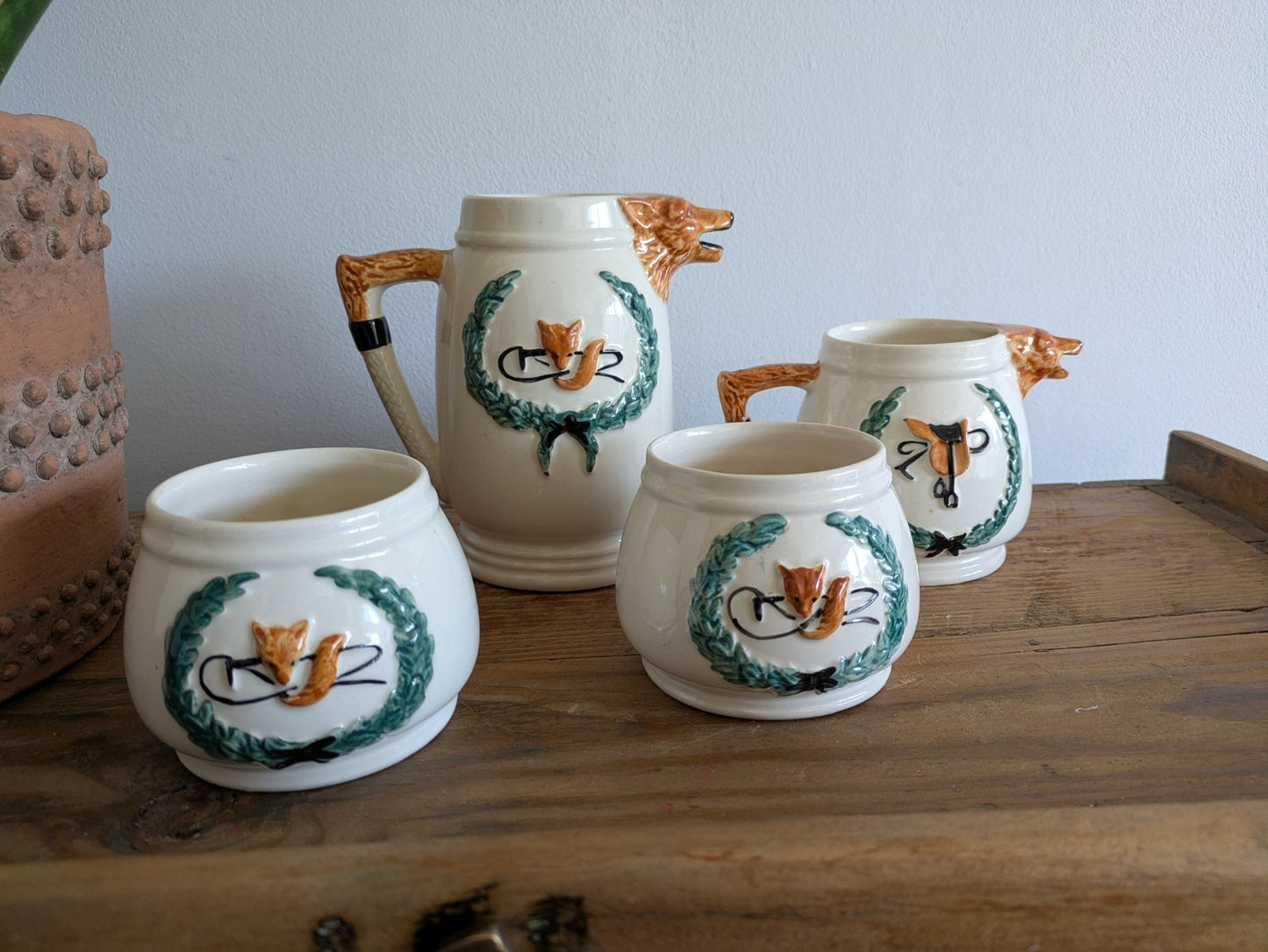 1940s Portland Pottery Cobridge PPC Staffordsre Fox Hunting 4 Piece Tea Set Jug 