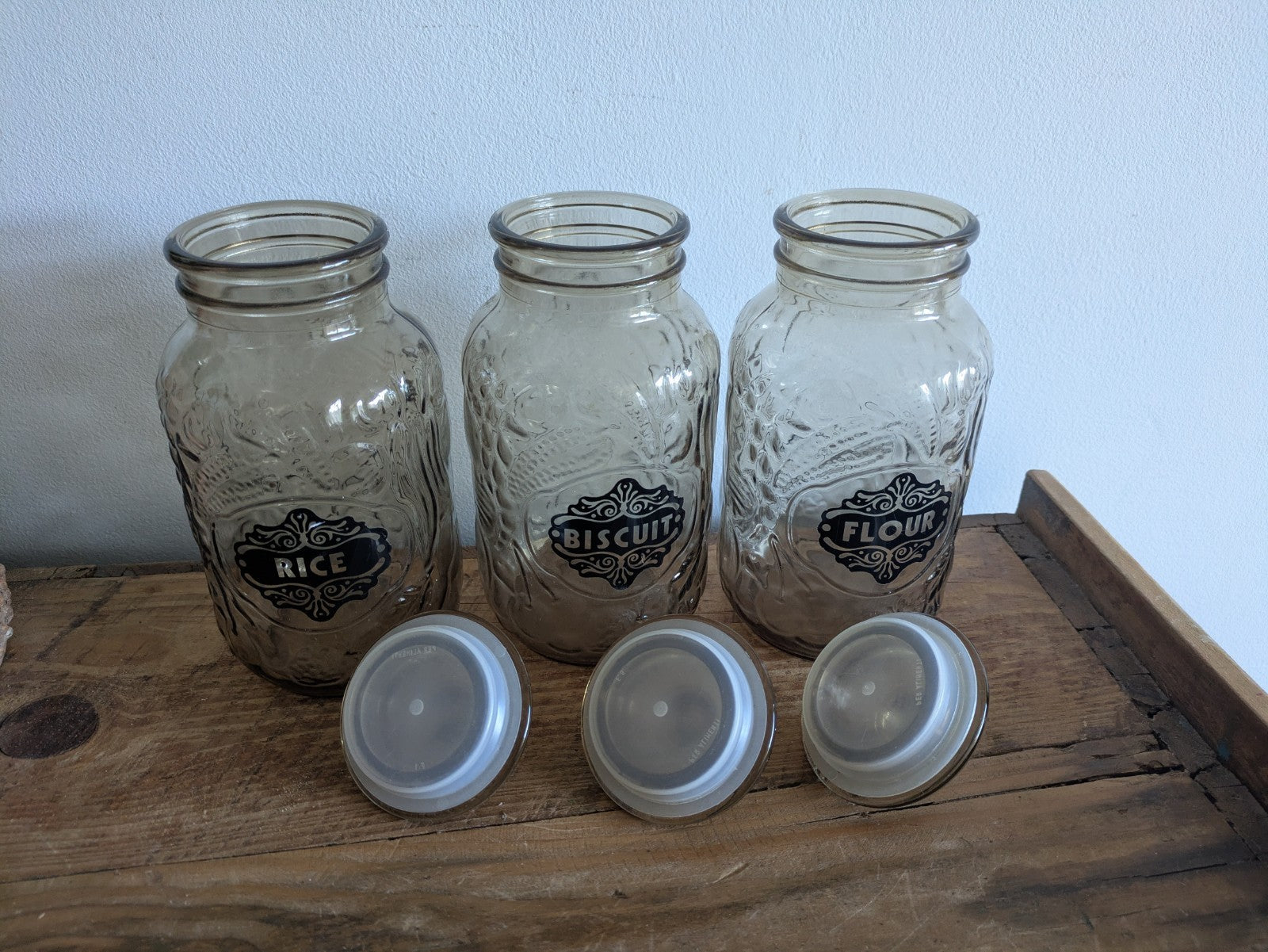 Trio of Vintage Italy Glass Jars Fruit Pattern Smoked Stick On Labels Cannister