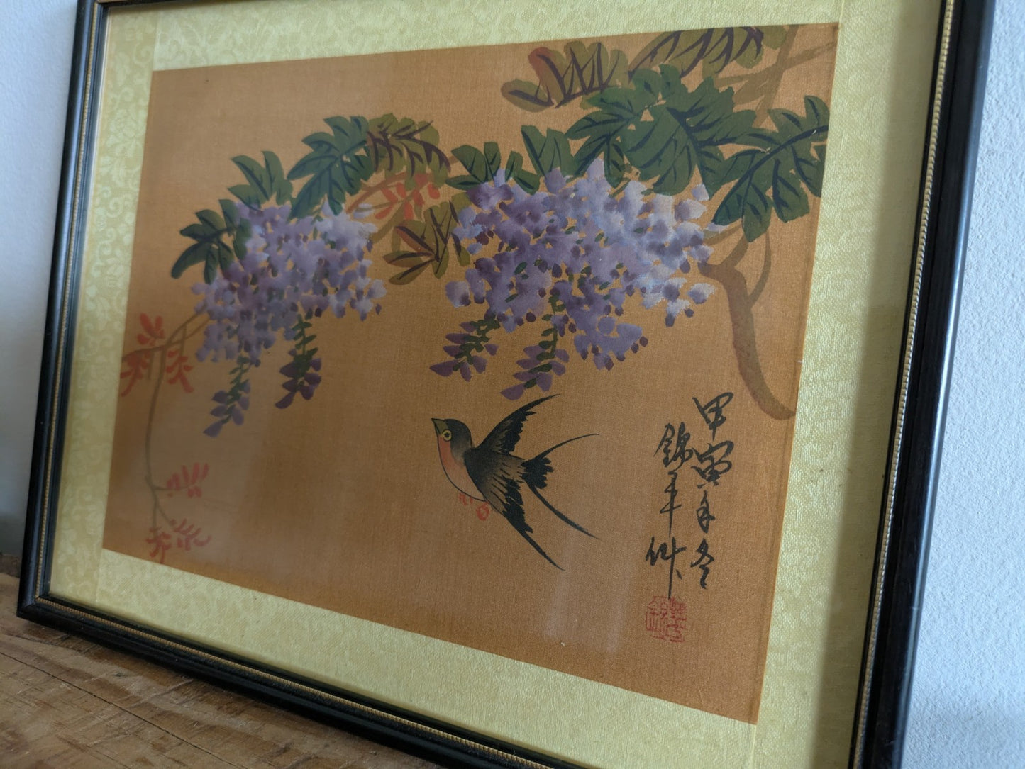 Antique Swallows & Wisteria Ohara Koson JAPANESE SIGNED PAINTING ON SILK FRAMED