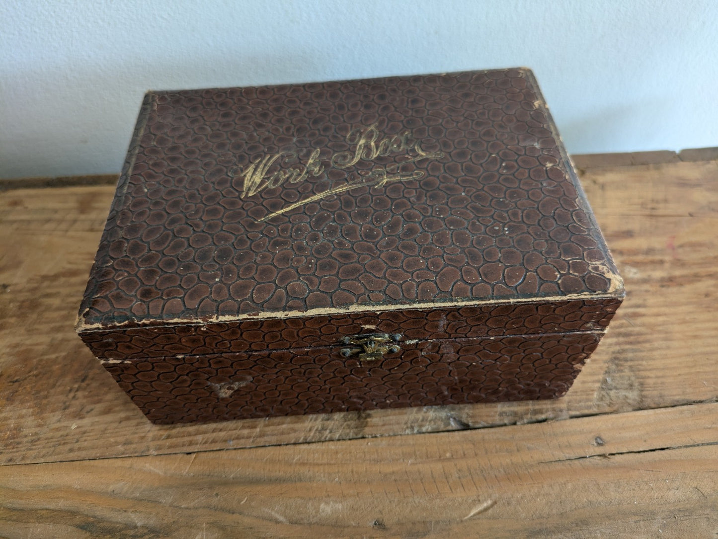 Antique Faux Crocodile Brown Leather Child’s Sewing Box with Contents Workbox 