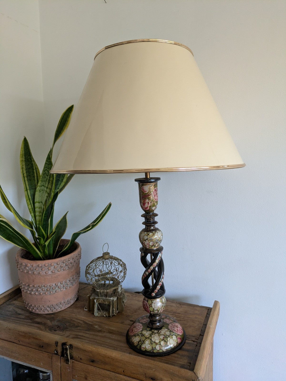 19th C Lamp Vintage Kashmiri Indian Lacquer Papier Mache Gilded Flower Cloisonne