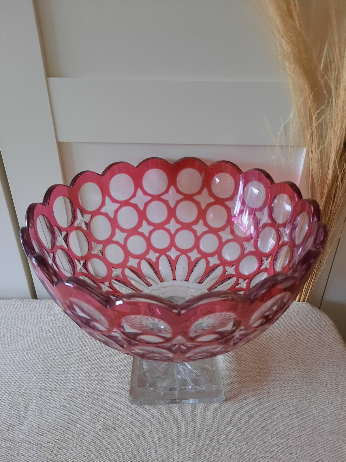 ANTIQUE Vintage Bohemian Cut Clear RUBY CRANBERRY Footed Glass Bowl Pedestal lrg
