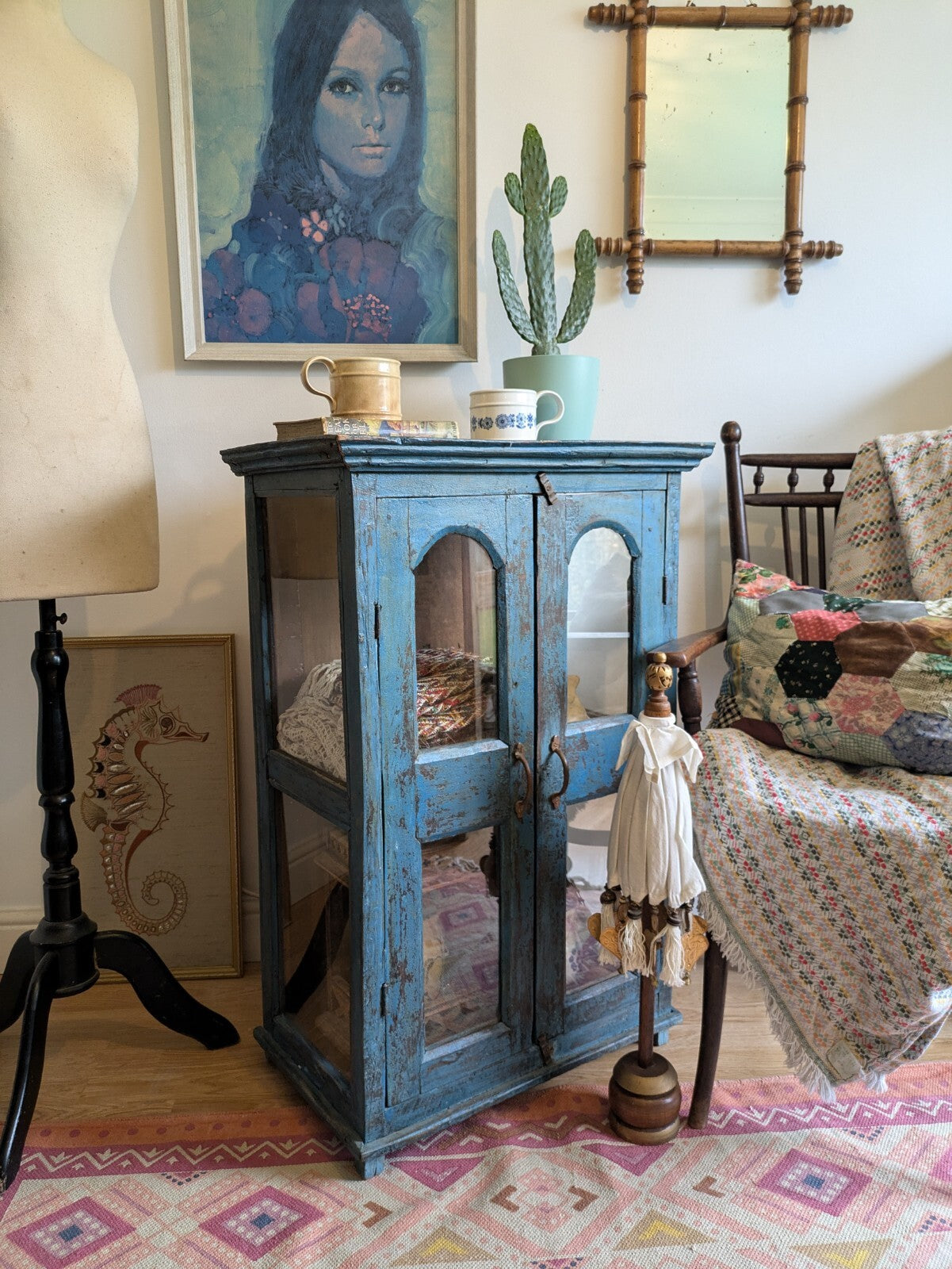 Restored Antique Vintage Indian Cabinet Cupboard Paint Glazed Reclaim Blue Arch