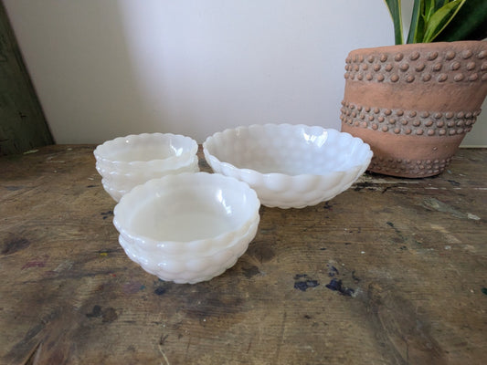 Set 6 MILK GLASS Anchor Hocking LG Bubble Serving Bowls Set Large Vintage White