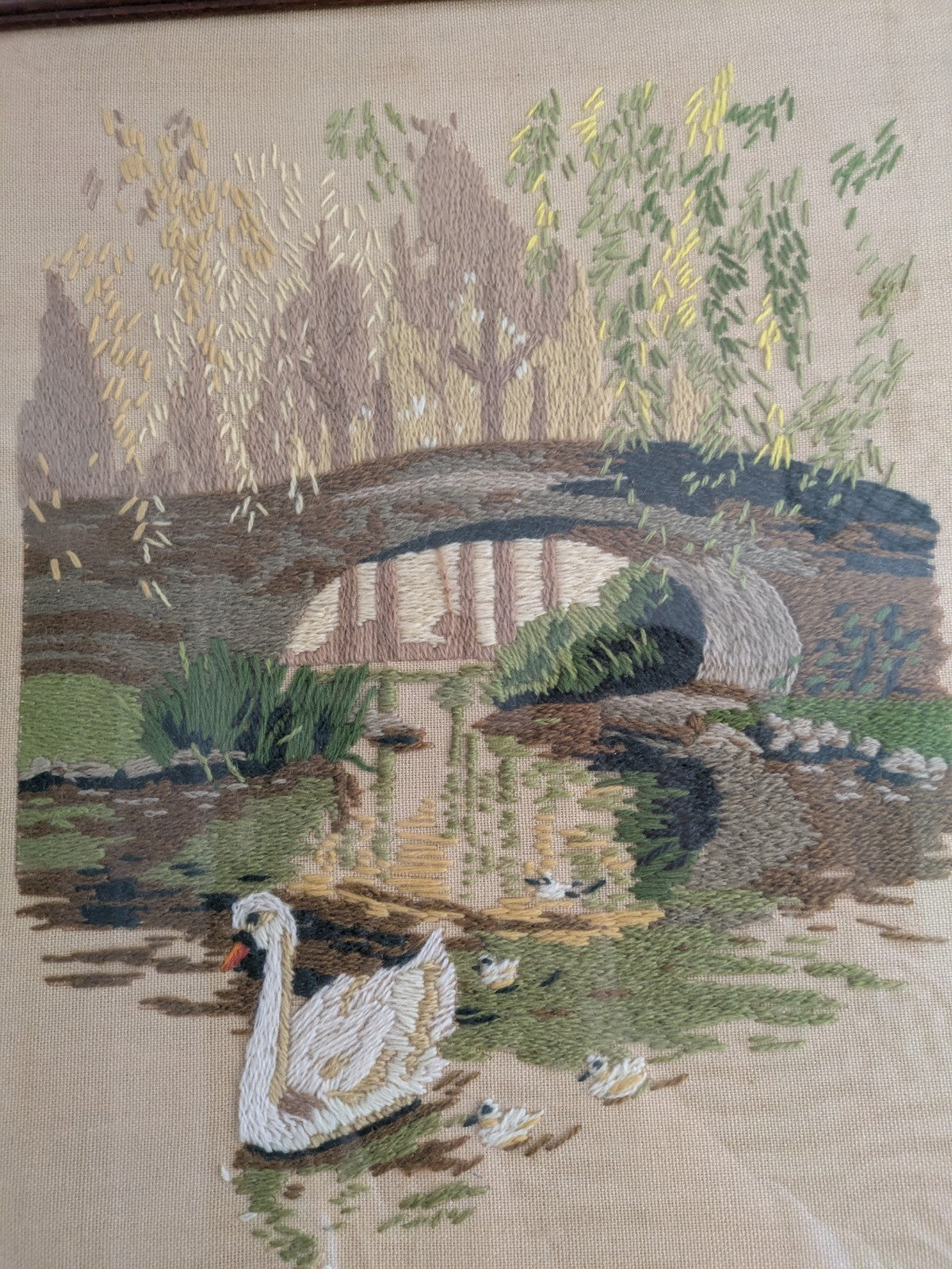 Vintage Needlework Crewel Stitchwork Crochet Swan Signets River Picture English