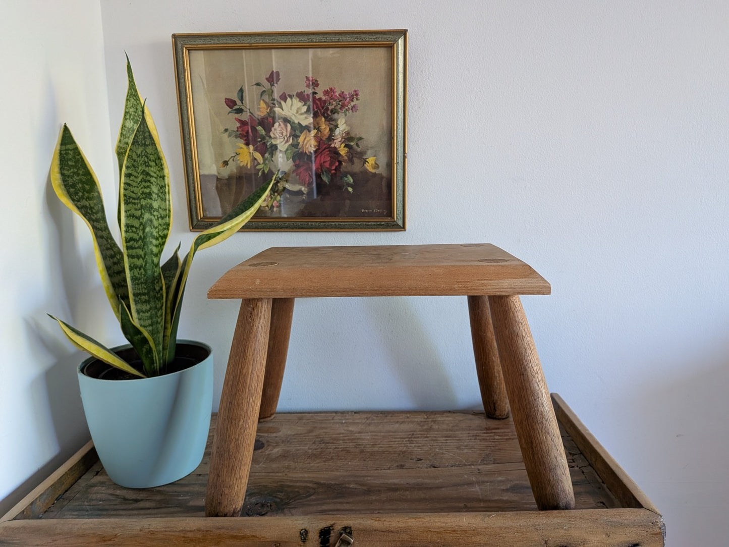 Vintage Step Stool Milk Wooden Seat Utilitarian Old Solid Chunky Leg Wood Prop 