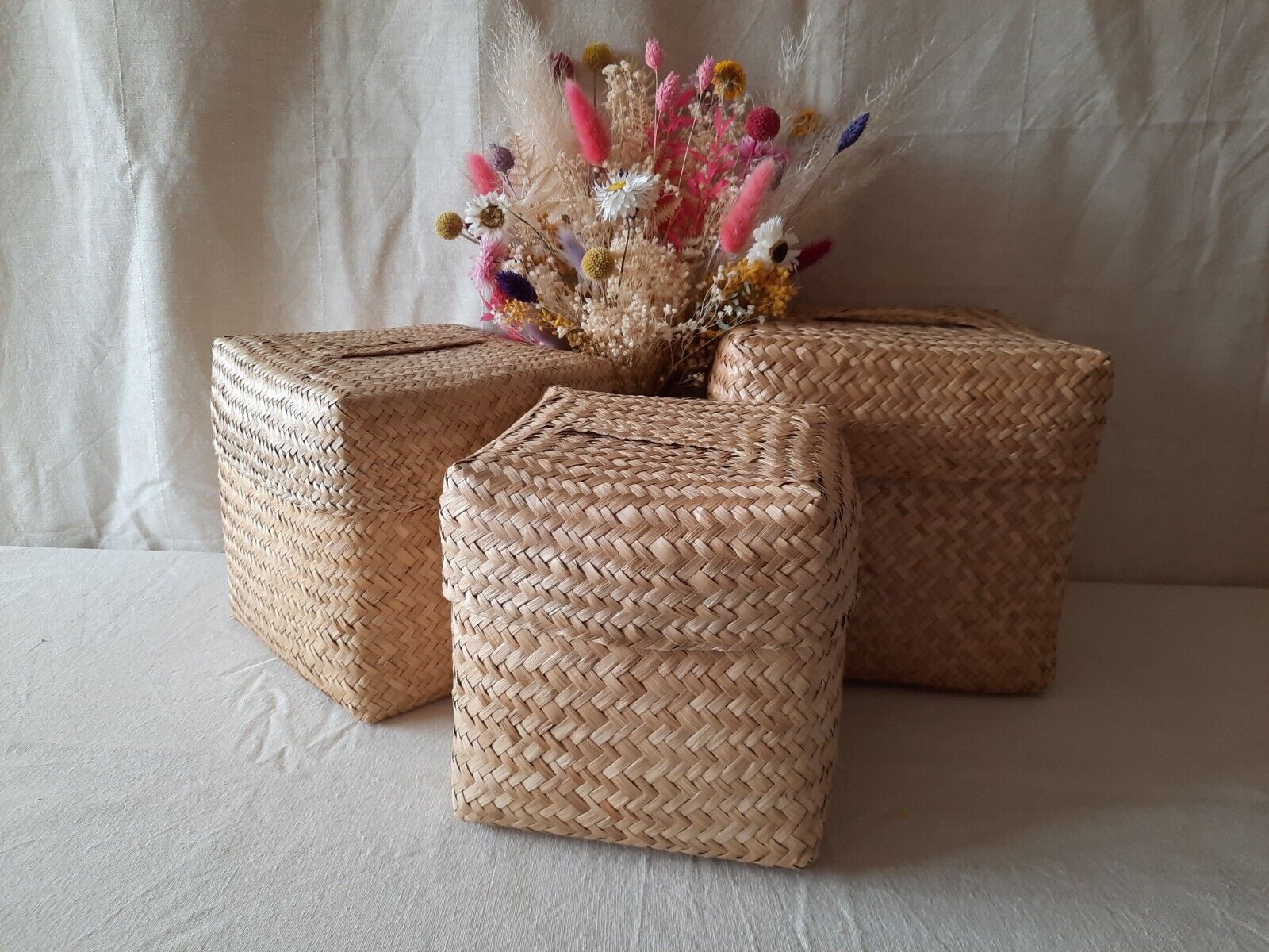 Set Of 3 Wicker Cane Woven Nested Storage Baskets Boxes Stacking graduated squar