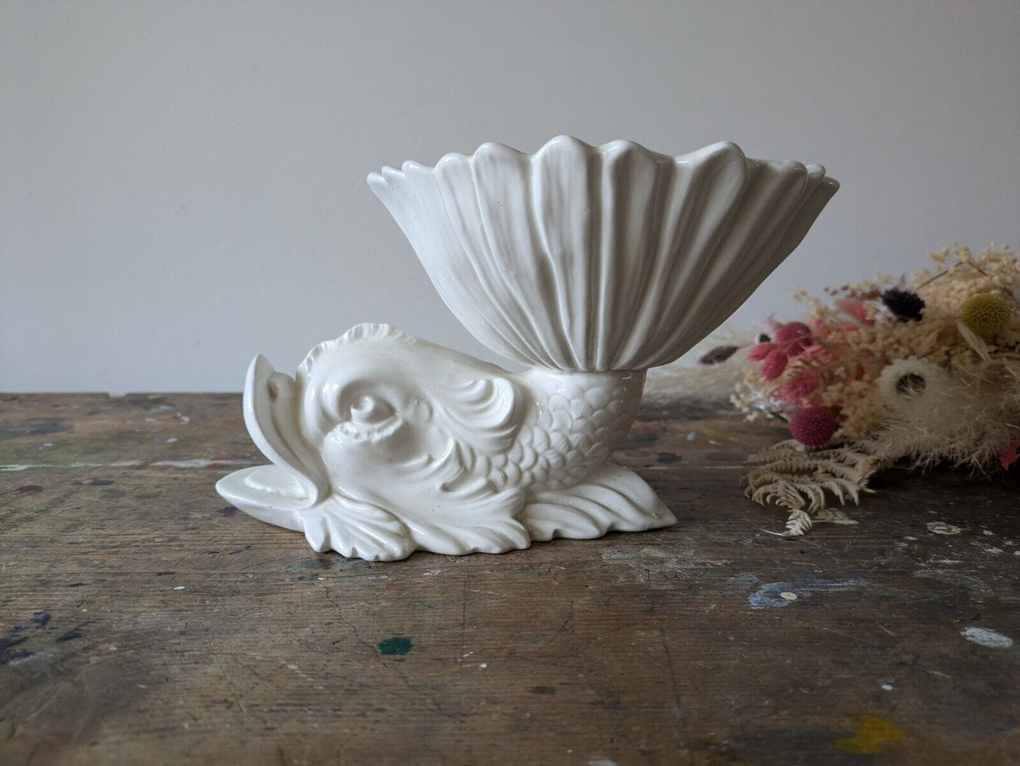 Rare Vintage Rita-Dal-Pra - Italian Ceramic Dolphin Fish White Ornamental Bowl