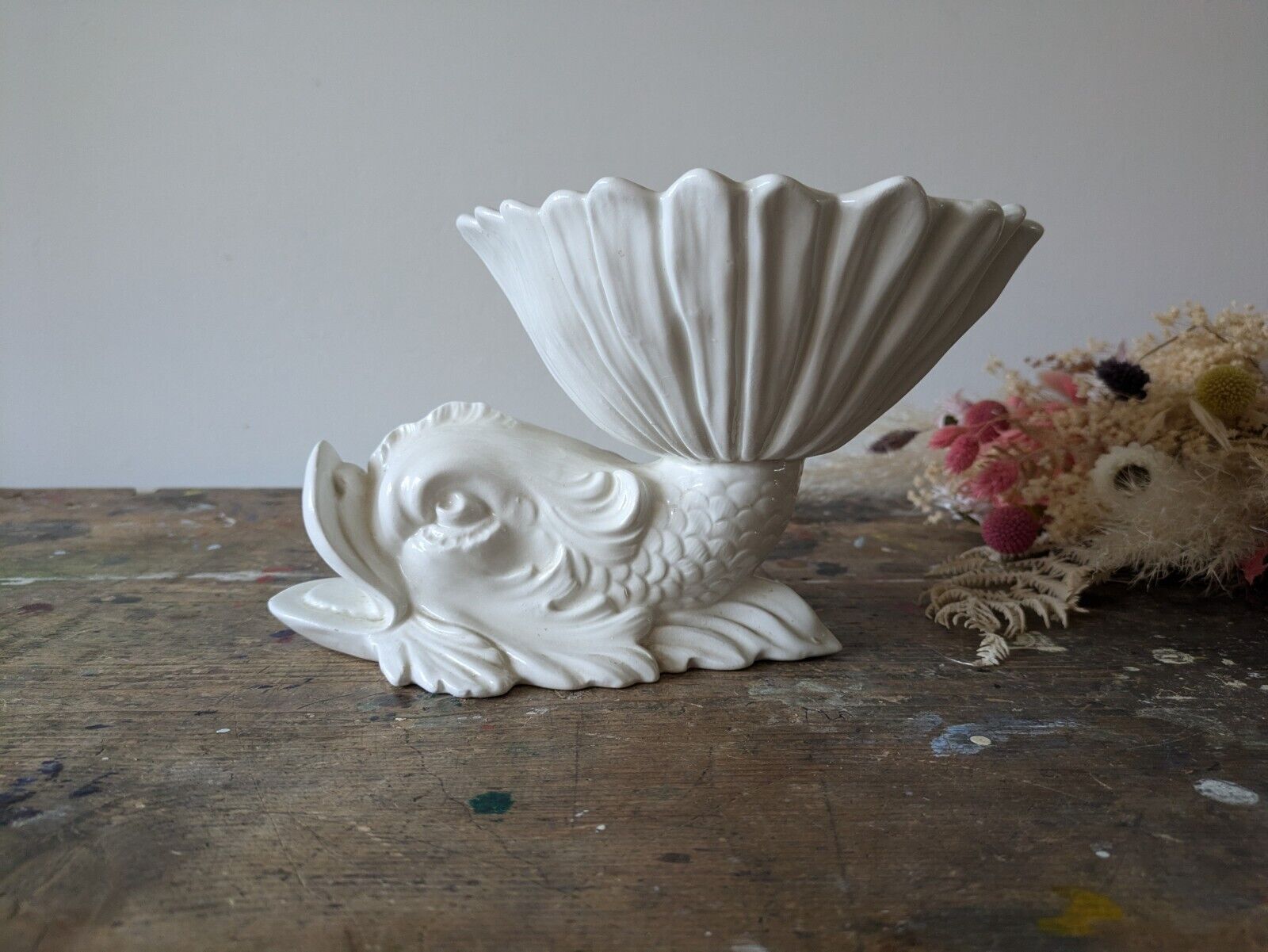 Rare Vintage Rita-Dal-Pra - Italian Ceramic Dolphin Fish White Ornamental Bowl